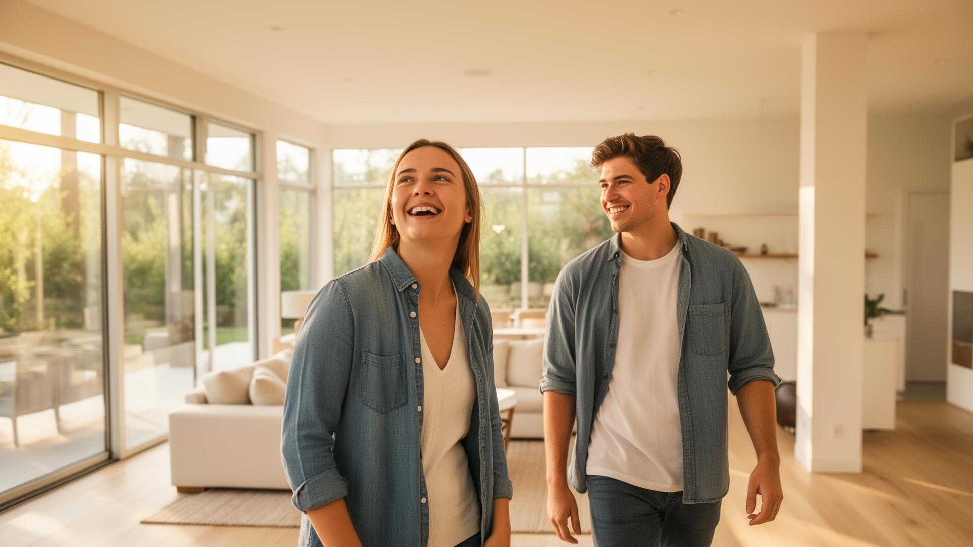 Pareja joven visitando su futuro hogar en España con alquiler con opción a compra